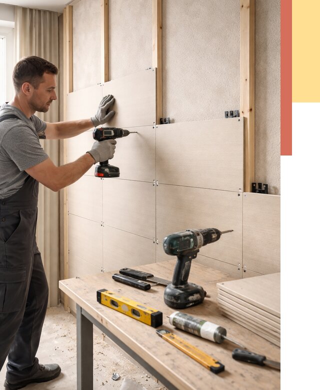 Монтаж МДФ панелей на стены в Кимрах от 1305 руб. под ключ | ОТДЕЛОЧНИК-Кмы