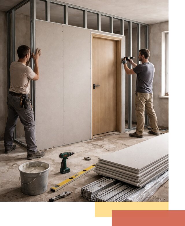 Перегородка из гипсокартона с дверью под ключ в Кимрах