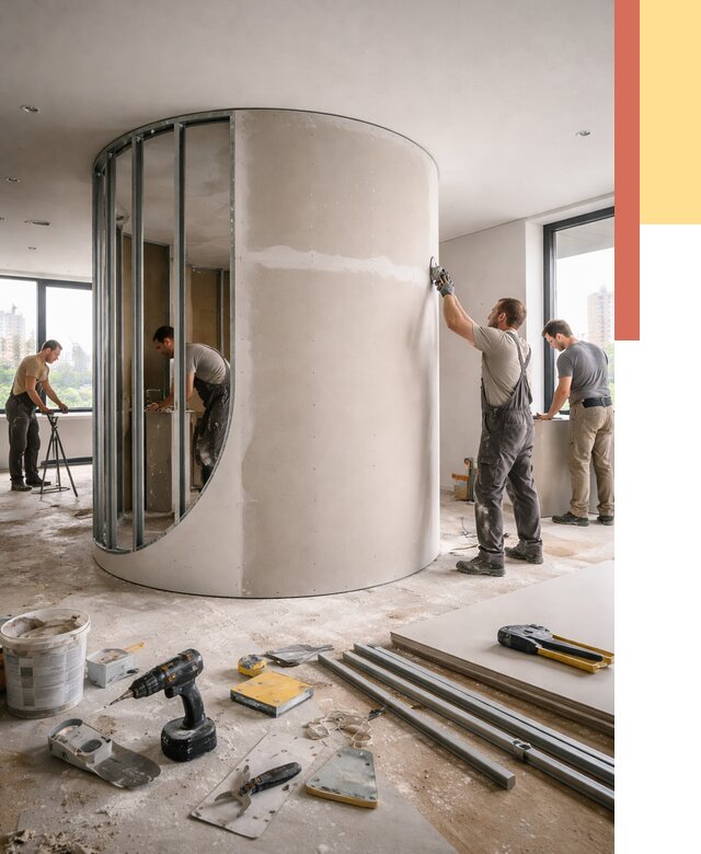 Радиусная перегородка из гипсокартона в Кимрах от 3027 руб. под ключ | ОТДЕЛОЧНИК-Кмы