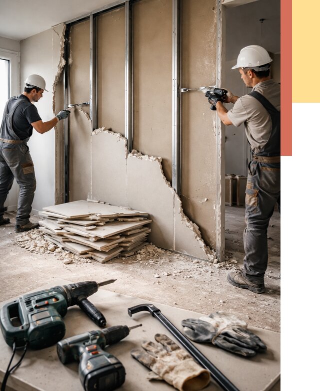 Демонтаж перегородки из гипсокартона в Кимрах от 1253 руб. быстро и недорого | ОТДЕЛОЧНИК-Кмы