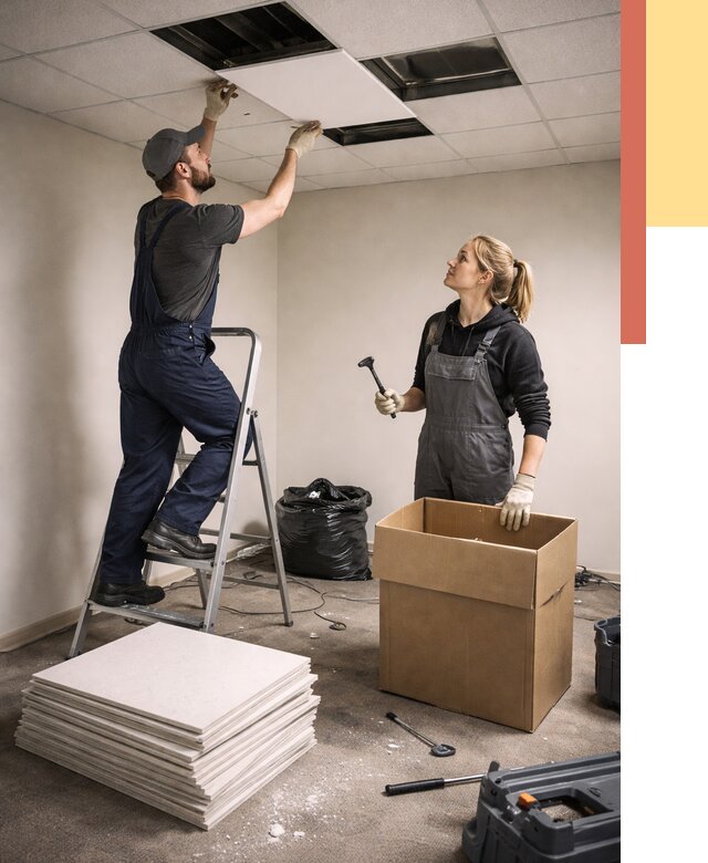 Демонтаж потолочной плитки в Кимрах от 4698 руб. быстро и недорого | ОТДЕЛОЧНИК-Кмы