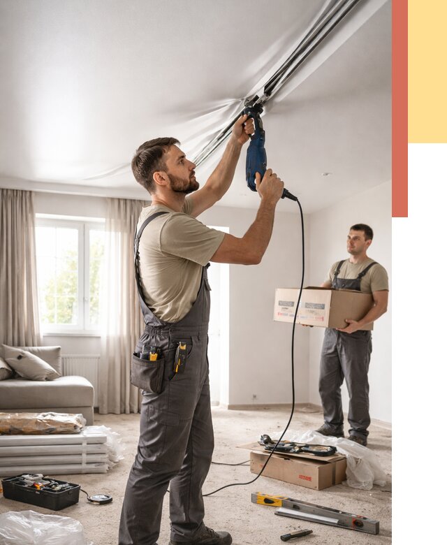 Монтаж сатинового натяжного потолка в Кимрах от 3654 руб. | Быстро, недорого — ОТДЕЛОЧНИК-Кмы