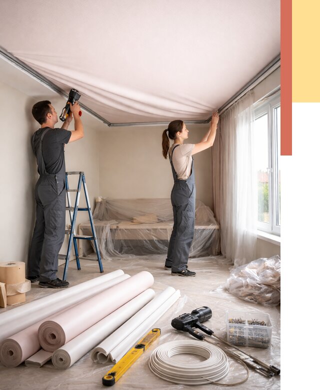 Монтаж цветного натяжного потолка в Кимрах от 4384 руб/м² — быстро и недорого | ОТДЕЛОЧНИК-Кмы