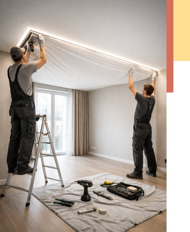 Монтаж парящего натяжного потолка в Кимрах от 4698 руб. быстро и недорого | ОТДЕЛОЧНИК-Кмы