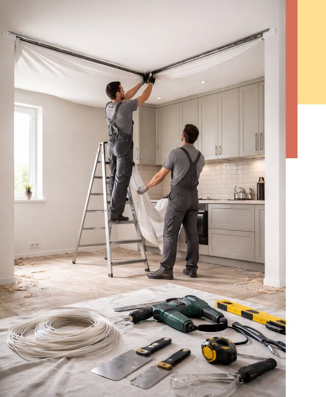 Установка натяжного потолка на кухне в Кимрах от 2505 руб. | ОТДЕЛОЧНИК-Кмы