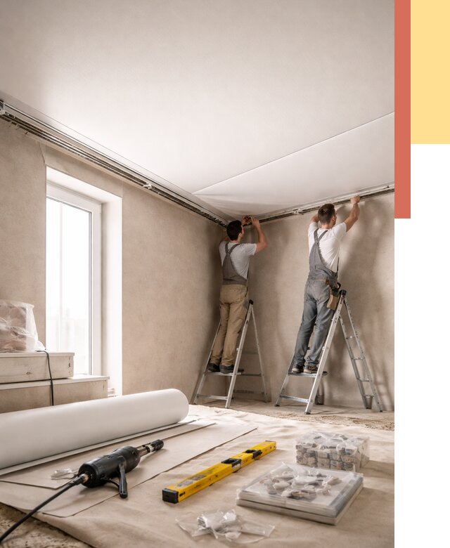 Монтаж натяжного потолка в спальне в Кимрах от 3967 руб. под ключ | ОТДЕЛОЧНИК-Кмы