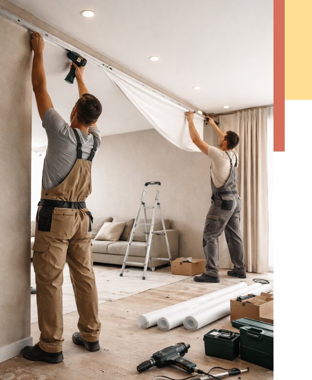 Монтаж натяжного потолка в гостиной в Кимрах от 574 руб. | ОТДЕЛОЧНИК-Кмы