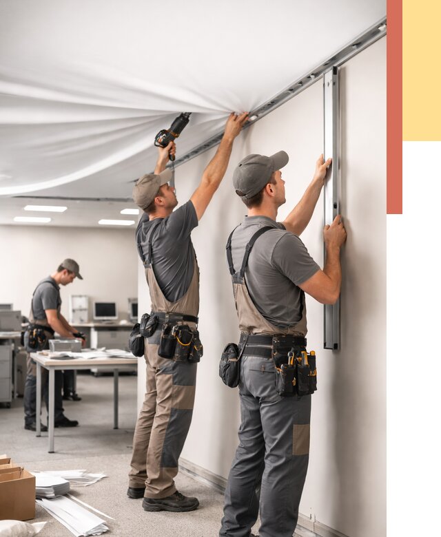 Монтаж натяжного потолка в офисе в Кимрах от 470 руб/м² — быстро и недорого | ОТДЕЛОЧНИК-Кмы