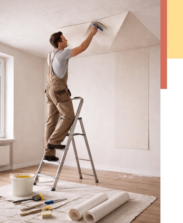 Поклейка обоев на потолок в Кимрах от 4698 руб. быстро и недорого | ОТДЕЛОЧНИК-Кмы